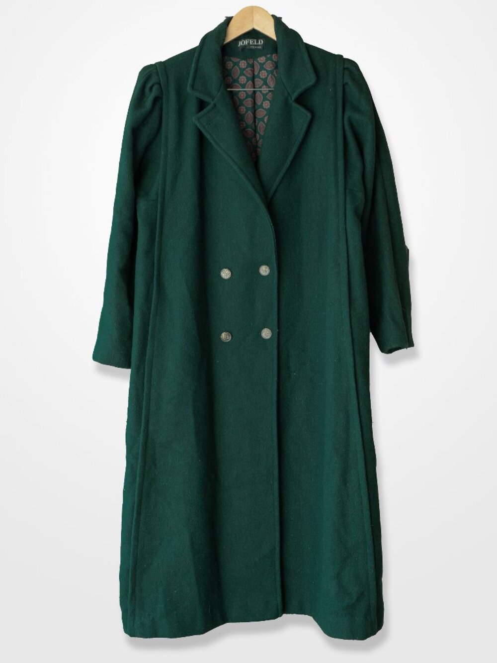 Vintage 70s Green Wool Coat Jofeld Double Breasted Longline Victorian Emerald